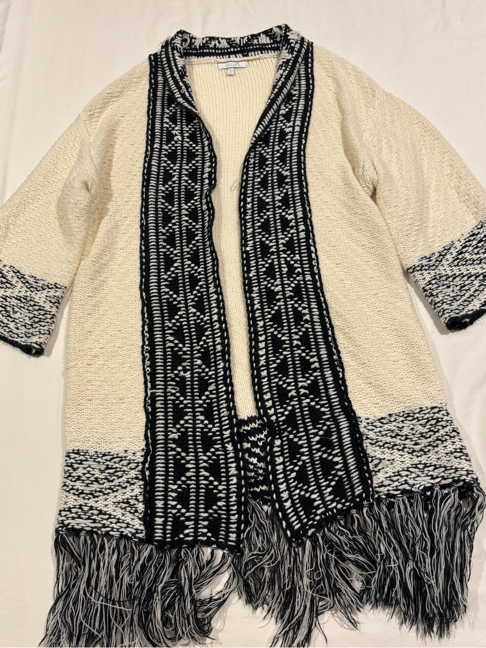 dELiA*s Cream and Black Fringe Open-Front Knit Cardigan